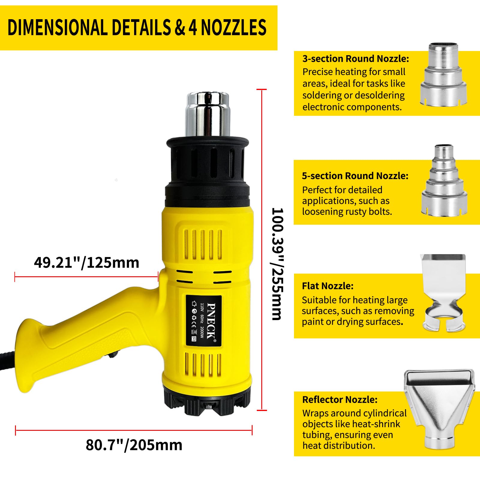 Kit de pistola de calor resistente de 2000 W, temperatura variable de 60.0 °C a 650.0 °C, 4 boquillas, amarillo, P-305
