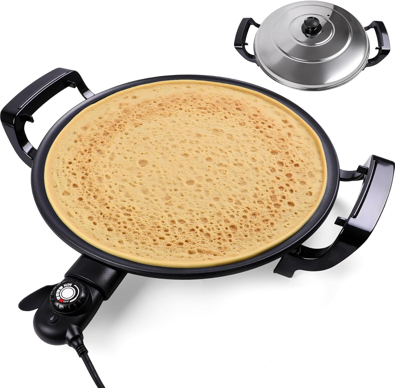 18.5” Electric Griddle & Injera Maker for Ethiopian Injera, Somalian Anjero, Teff, Mitad, Mogogo, Crepes - with Lid, Nonstick Surface, Easy to Clean, Adjustable Control, Even Heating