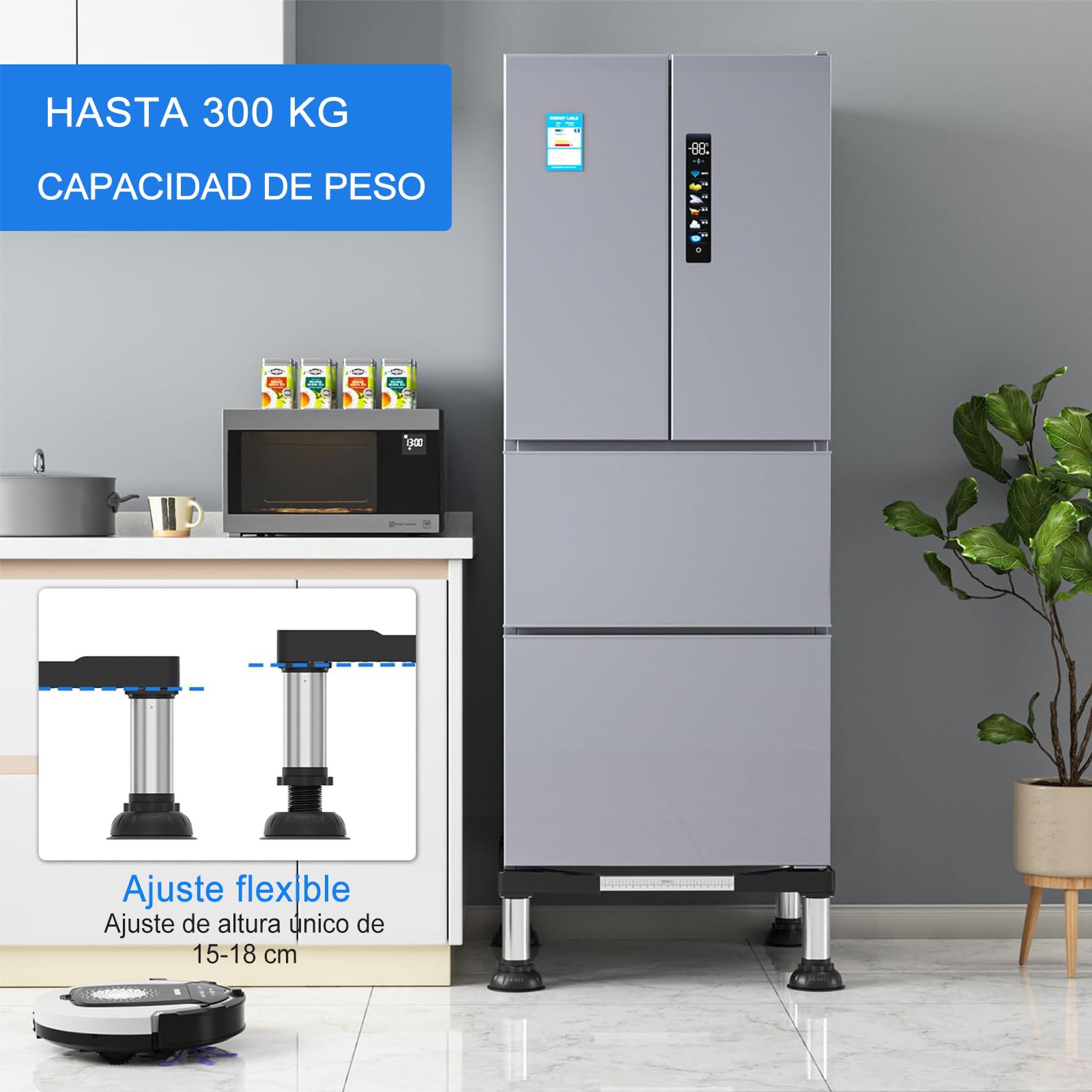DEWEL Base para Lavadora, Base Ajustable para Lavadora para Frigorífico, Secadora y Congelador, Carga de Oso 300 kg, Ajustable 43-62 cm, 15-18 cm, Negro