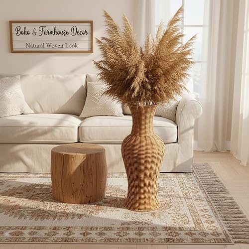 Miniatura 3 de TEHAUX Jarrón de mimbre tejido de ratán, jarrón de mimbre hecho a mano de 17 pulgadas de alto para flores secas y hierba de pampas, suelo rústico de