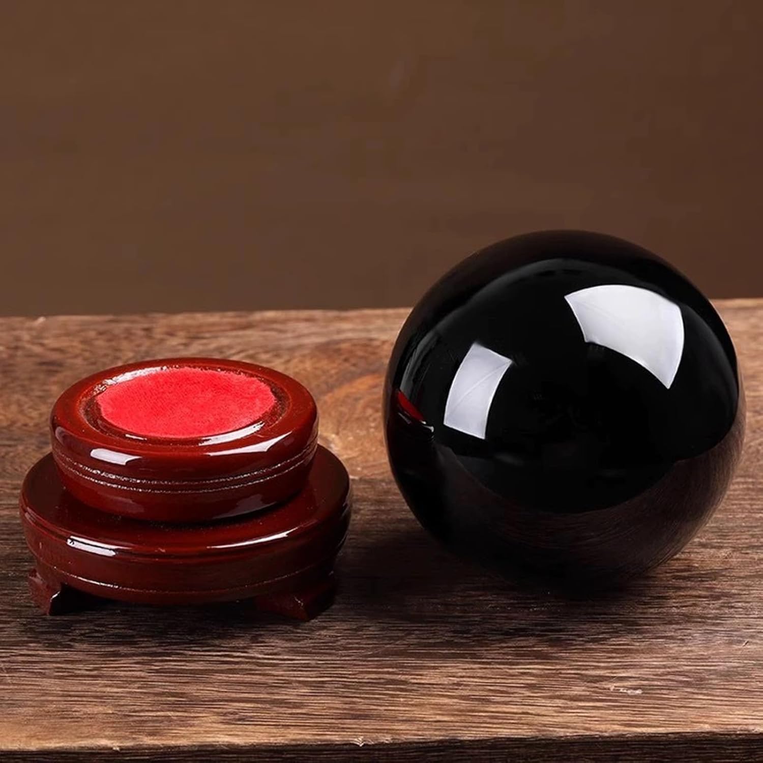 Black Obsidian Crystal Ball for Divination, Feng Shui with Wood Stand, Orb Ornaments for Home Office Decoration,5cm
