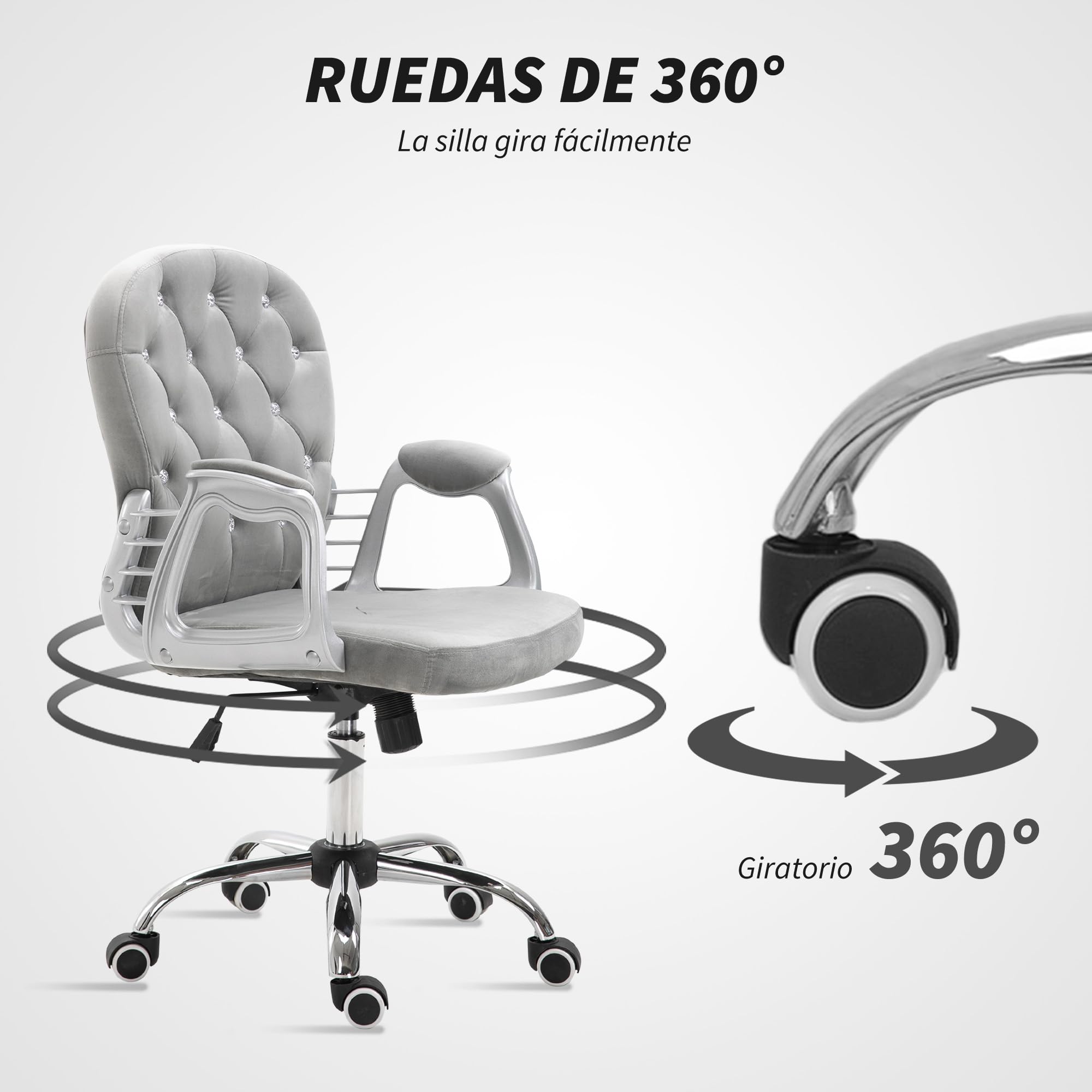 Vinsetto Silla de Oficina Giratoria con Altura Ajustable 120 kg Gris | Silla de Escritorio, Tapizada en Terciopelo, Reposabrazos, Decoraciones de Diamantes, para Estudio Dormitorio