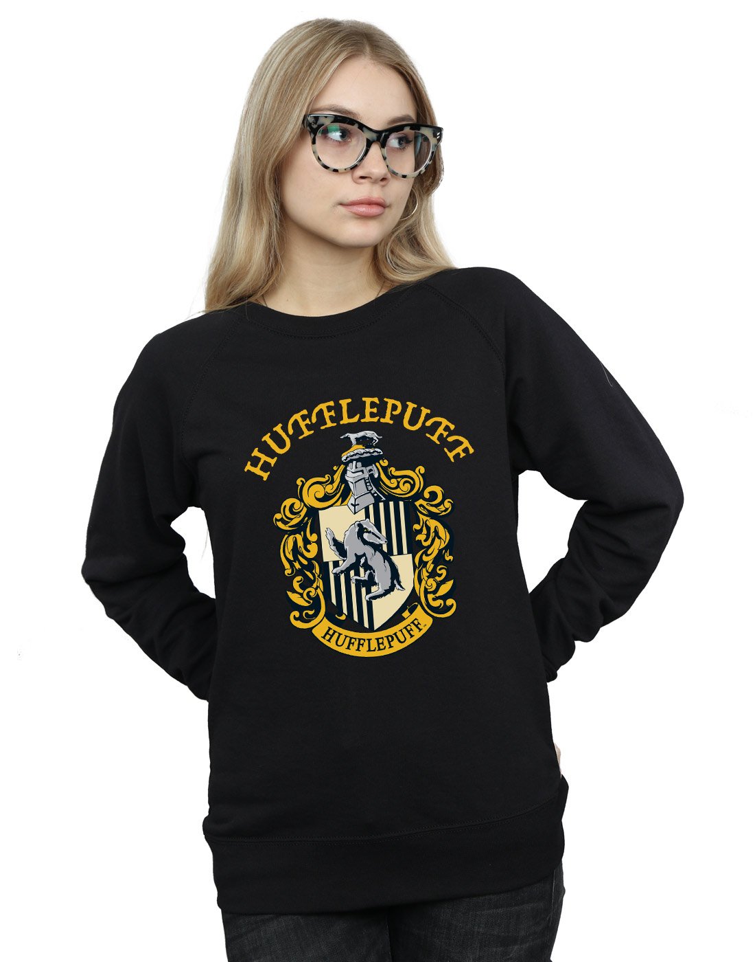 Absolute Cult Women's Black Harry Potter Hufflepuff Crest Sweatshirt X-Large