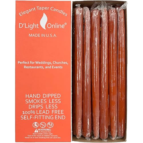 D'light Online Elegant 10" Unscented Cinnamon Burnt Orange Taper Candles, Premium Quality Hand-Dipped Tapered Candles, Dripless and Smokeless - Set of 12 Individually Wrapped (10 Inch, Cinnamon)