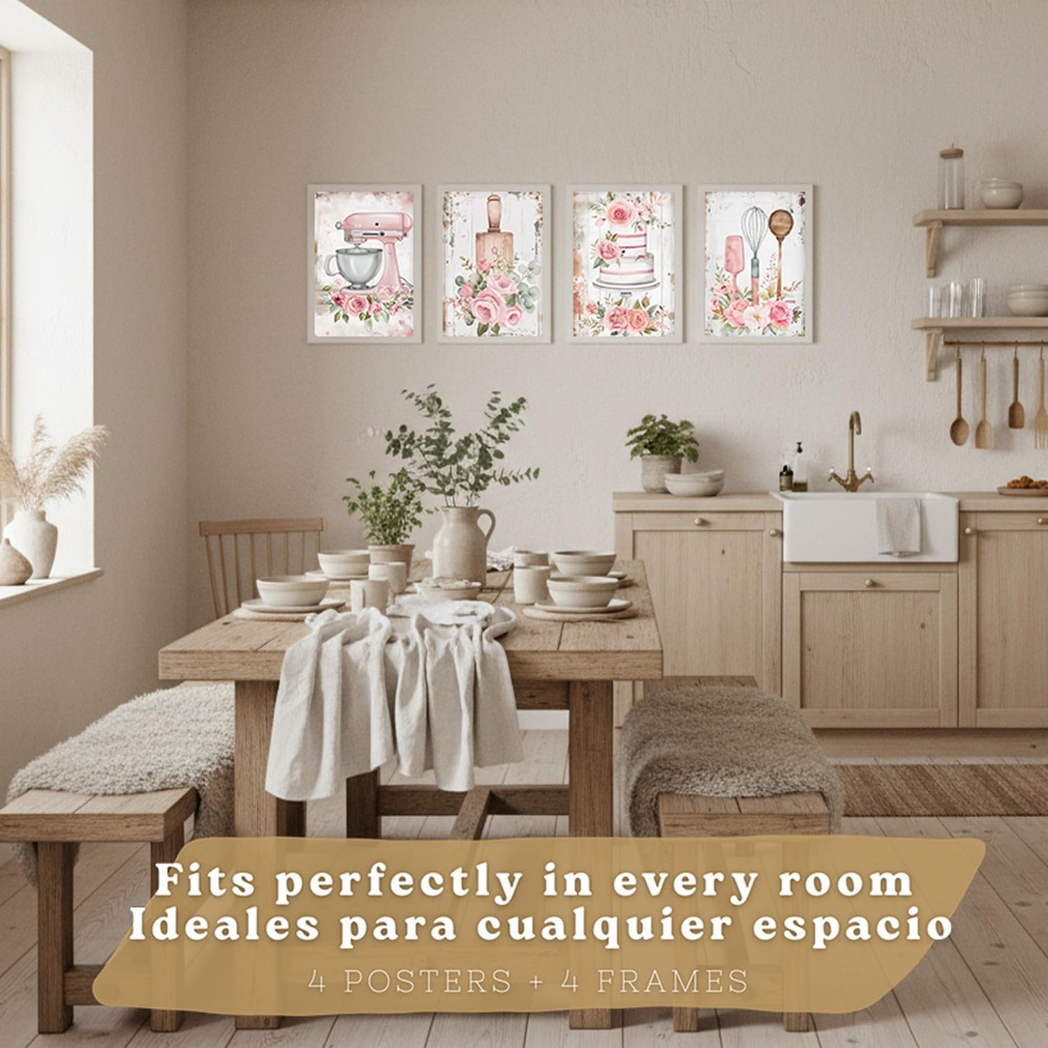 Nacnic Set De 4 Láminas Repostería Rosa Shabby Chic Cuadros Cocina Utensilios Tarta Y Flores Romántico Póster Decoración Pared A3 Marco Blanco