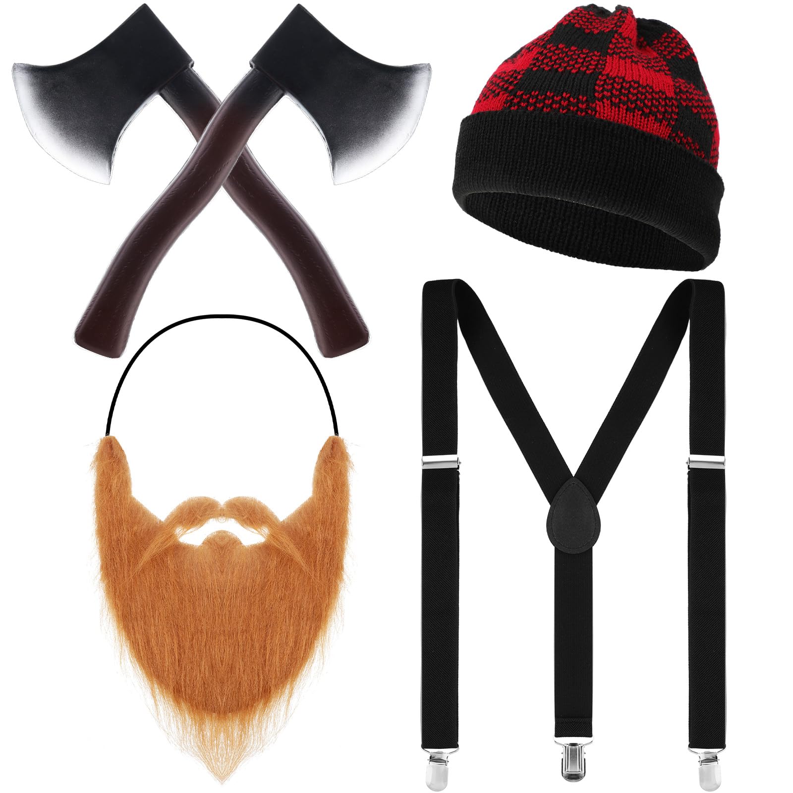 5 Pieces Lumberjack Costume Set Included Lumberjack Plaid Beanie 2 Pieces Halloween Foam Axe Fake Beard Suspender for Halloween Costume Party