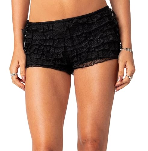 NUFIWI Women Lolita Bloomers Cute Ruffle Shorts Lace Pumpkin Pants Sexy Boyshorts Layered Bottoms Y2k Sweet Pettipants - E Black - Medium