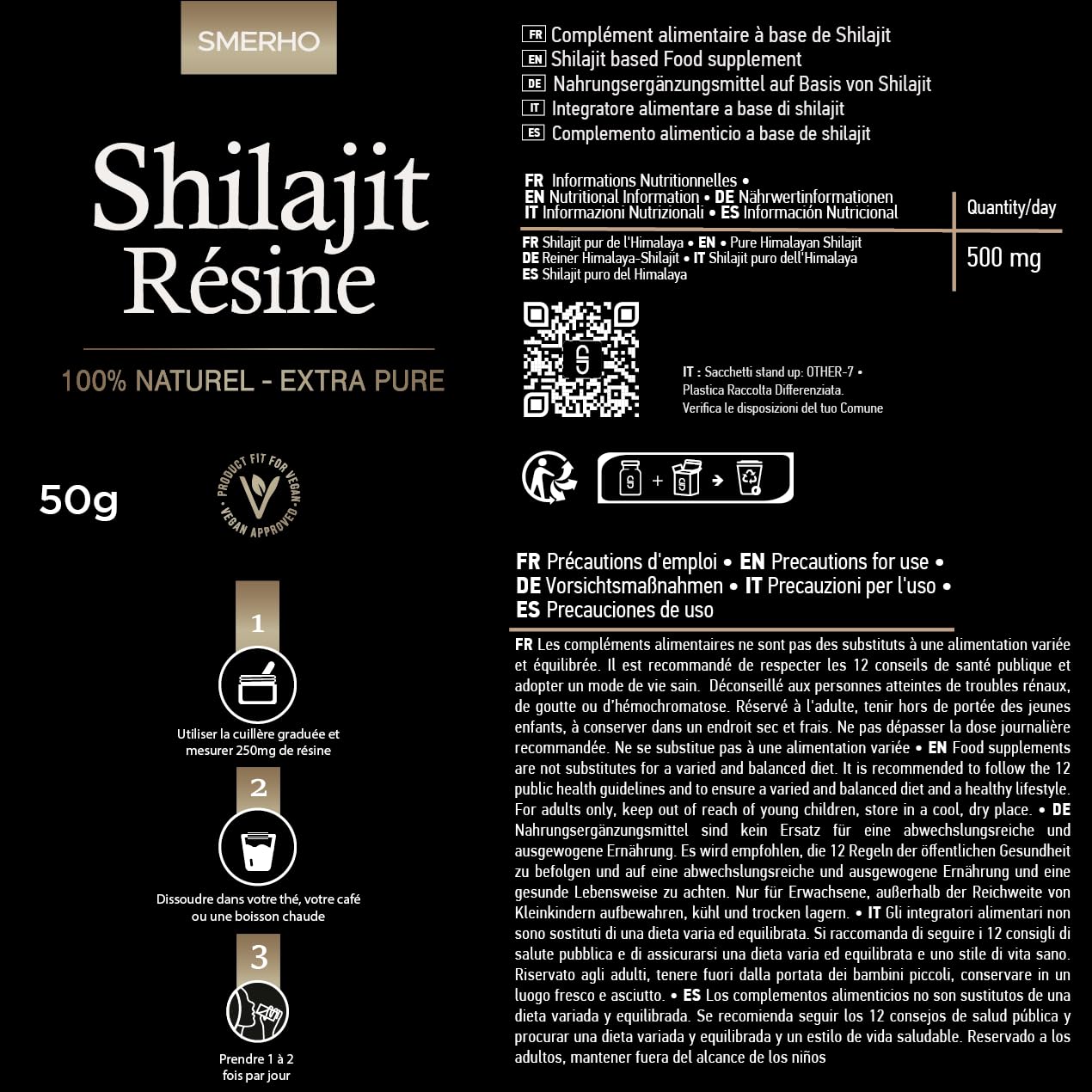 Résine de SHILAJIT PURE - SMERHØ | Shilajit Himalaya Bio EXTRA CONCENTRÉ | 50% Acide Fulvique Garanti | Shilajit Primal Premium 50g | Testé en FRANCE | Packaging Hermétique