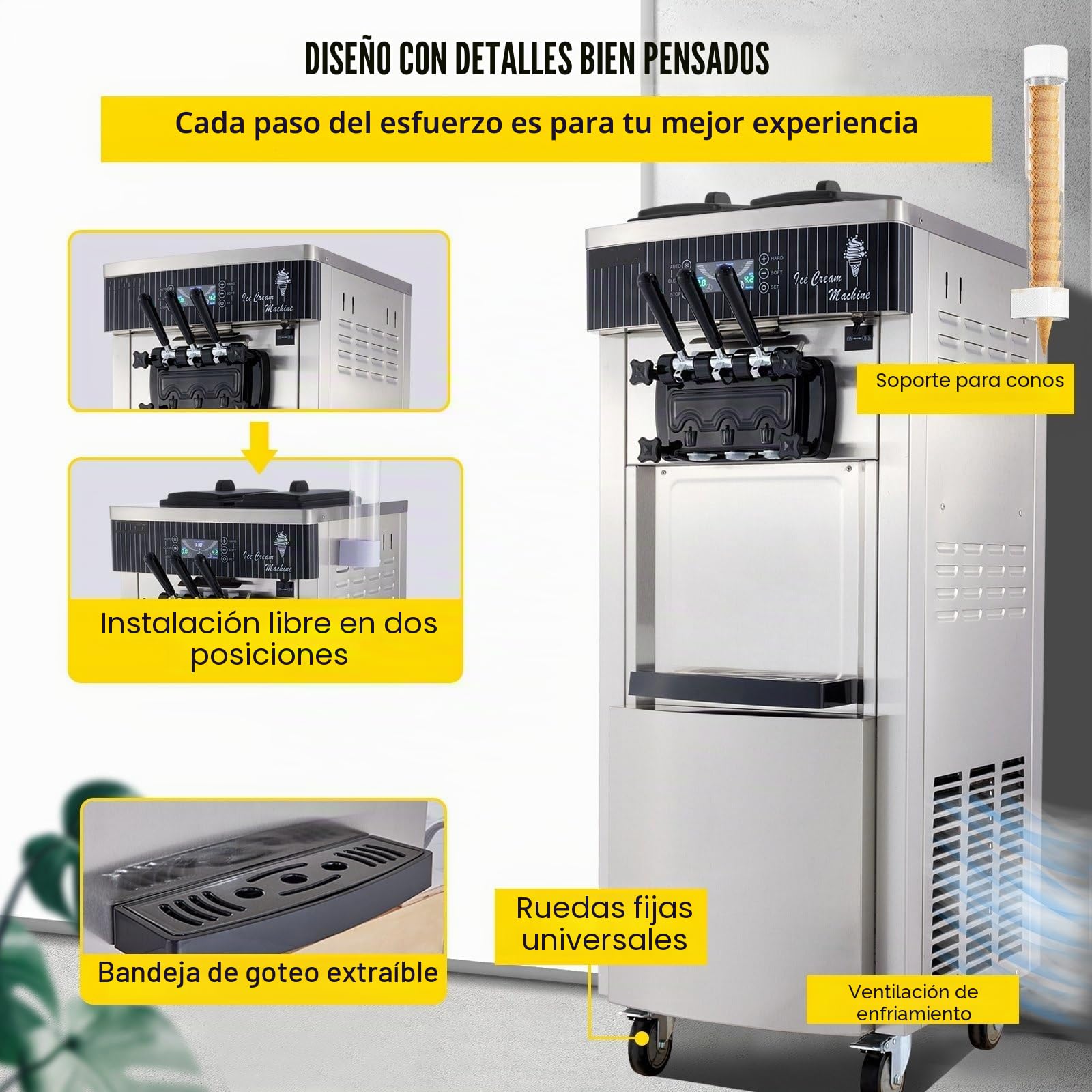 2200W Máquina de Helados Suave Profesional, 20-28L/H, 3 Sabores, Máquina Vertical para Helado y Yogur Helado Comercial