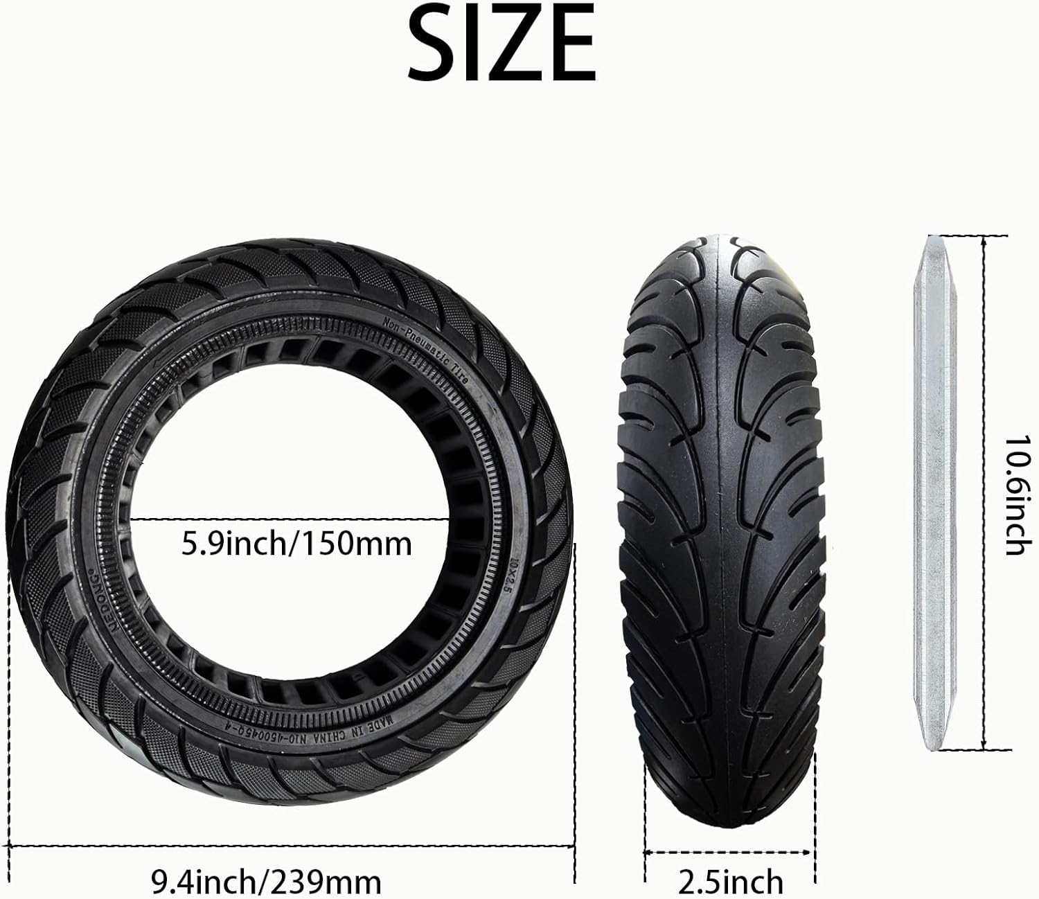 60/70-6.5 Scooter Tire, 2pcs 10 x 2.5 Solid Tires，Replacement Wheel Compatible with 10x2.5-6.5 Rubber Scooter Tire