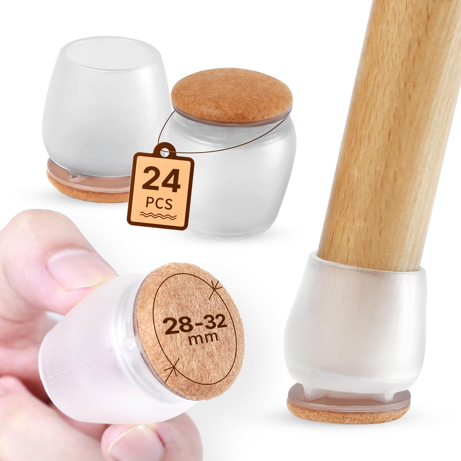 RCHYFEED Transparente Schutzkappen, 24 Stück Schutzkappen für Rund Schräg, Stuhlbeine mit Filz, TPE Bodenschoner für Stühle, Stuhlbeinschoner Geräusche und Kratzer Beseitigen (Rund,28-32mm)