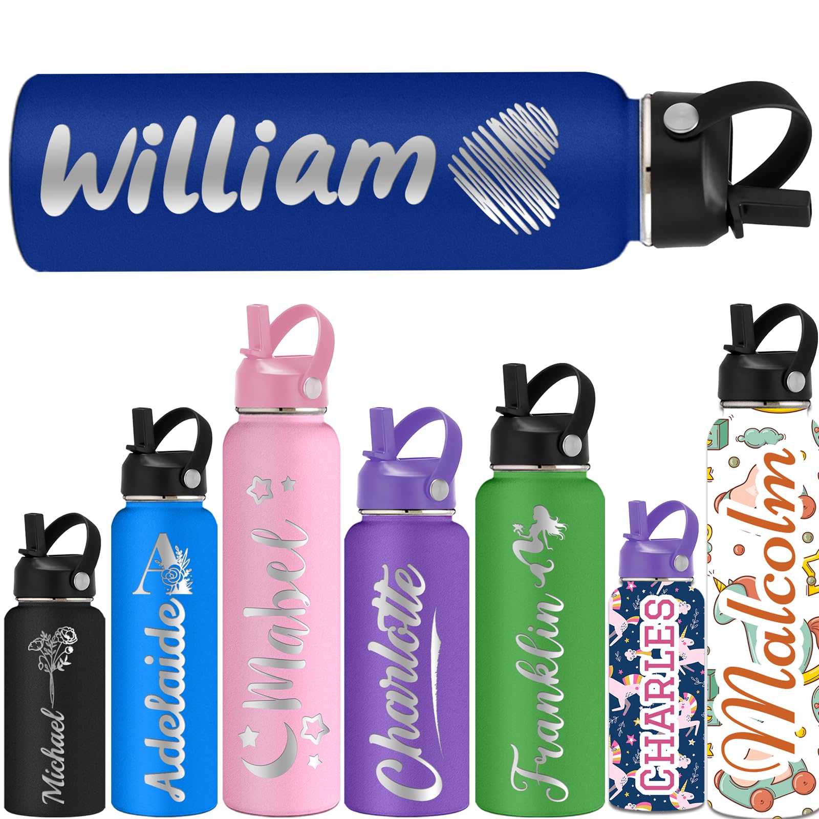 ShAxzHen Personalised Water Bottles for Kids with Straw Lid 40/32/24/18/12oz Custom Insulated Water Bottle Stainless Steel with Name Logo Customised Engraved Cups for School Sport Gym Icon Navy