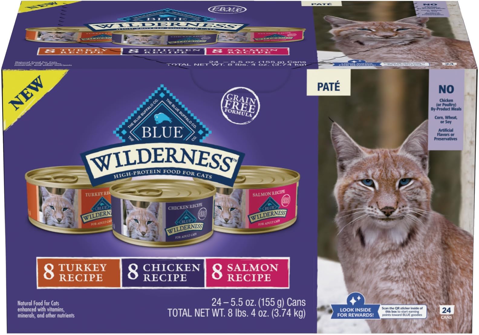 Wilderness High Protein, Natural Adult Pate Wet Cat Food Variety Pack, Chicken, Salmon, Turkey 5.5-oz can (24 Count - 8 of Each Flavor)
