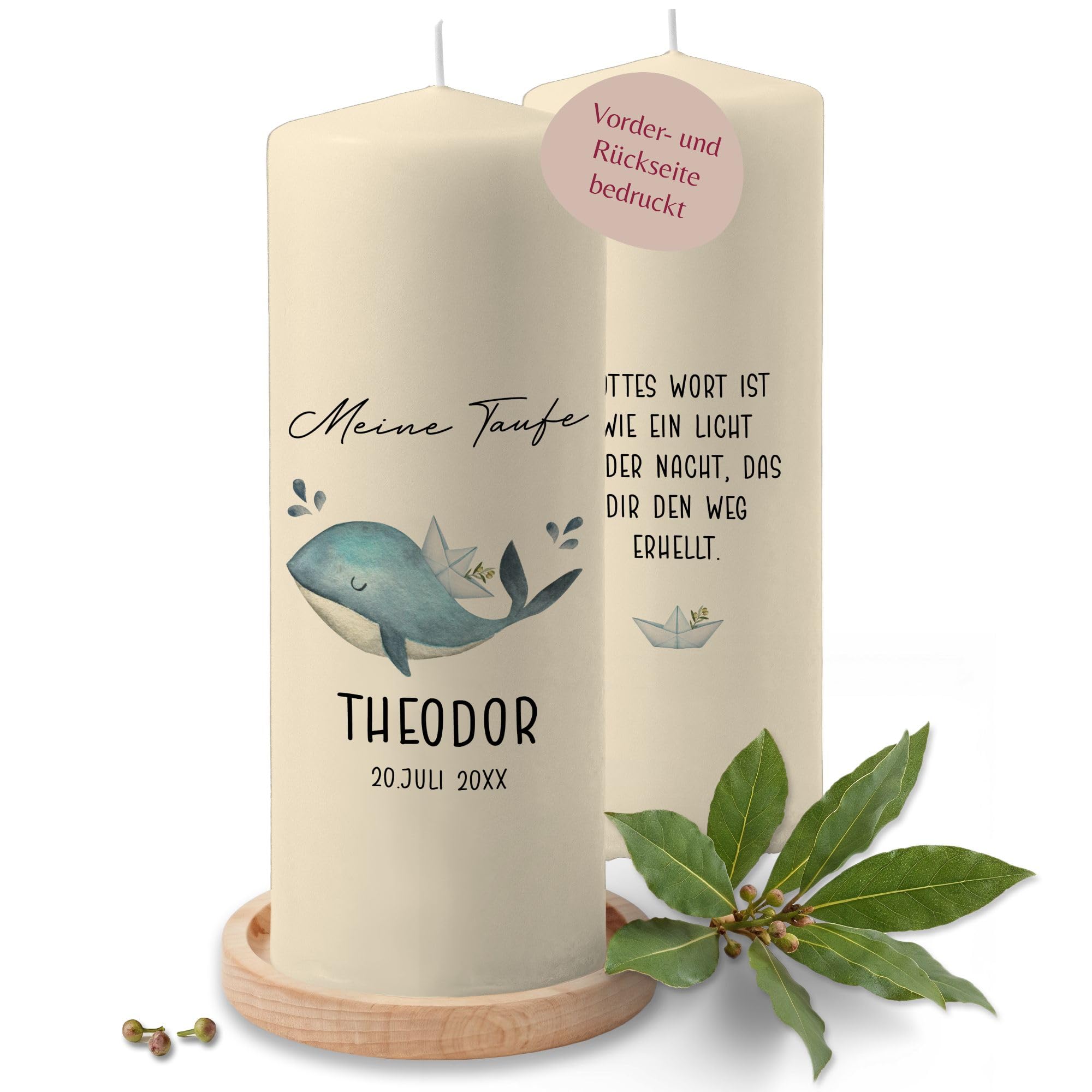 Taufkerze - Wal zur Taufe mit Daten - personalisierte Taufgeschenke für Mädchen und Jungen - 230/78 mm - Elfenbein