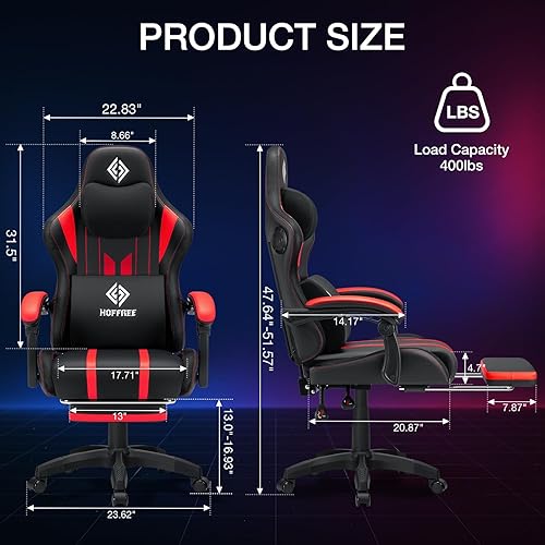 Miniatura 2 de HOFFREE Silla de juegos con ritmo de música, luces LED RGB y altavoces Bluetooth, silla ergonómica de masaje para computadora con reposapiés, silla