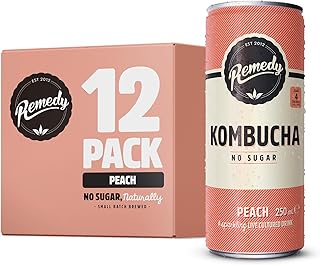 Remedy Kombucha Tea - Peach - Sparkling Live Cultured, Naturally Sugar Free Soft Drink - Prime Probiotic for Gut Health - 12 x 250ml