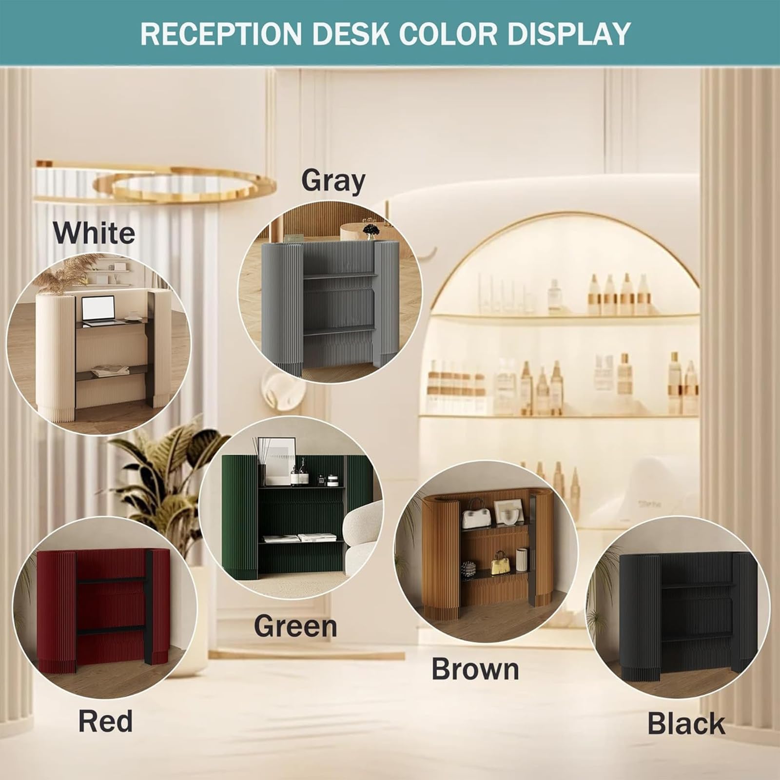 Escritorio de recepción moderno curvado, mesa portátil para venta al por menor, ferias de manualidades, estante de exhibición de pequeñas empresas para bares, tiendas, hoteles, diseño versátil