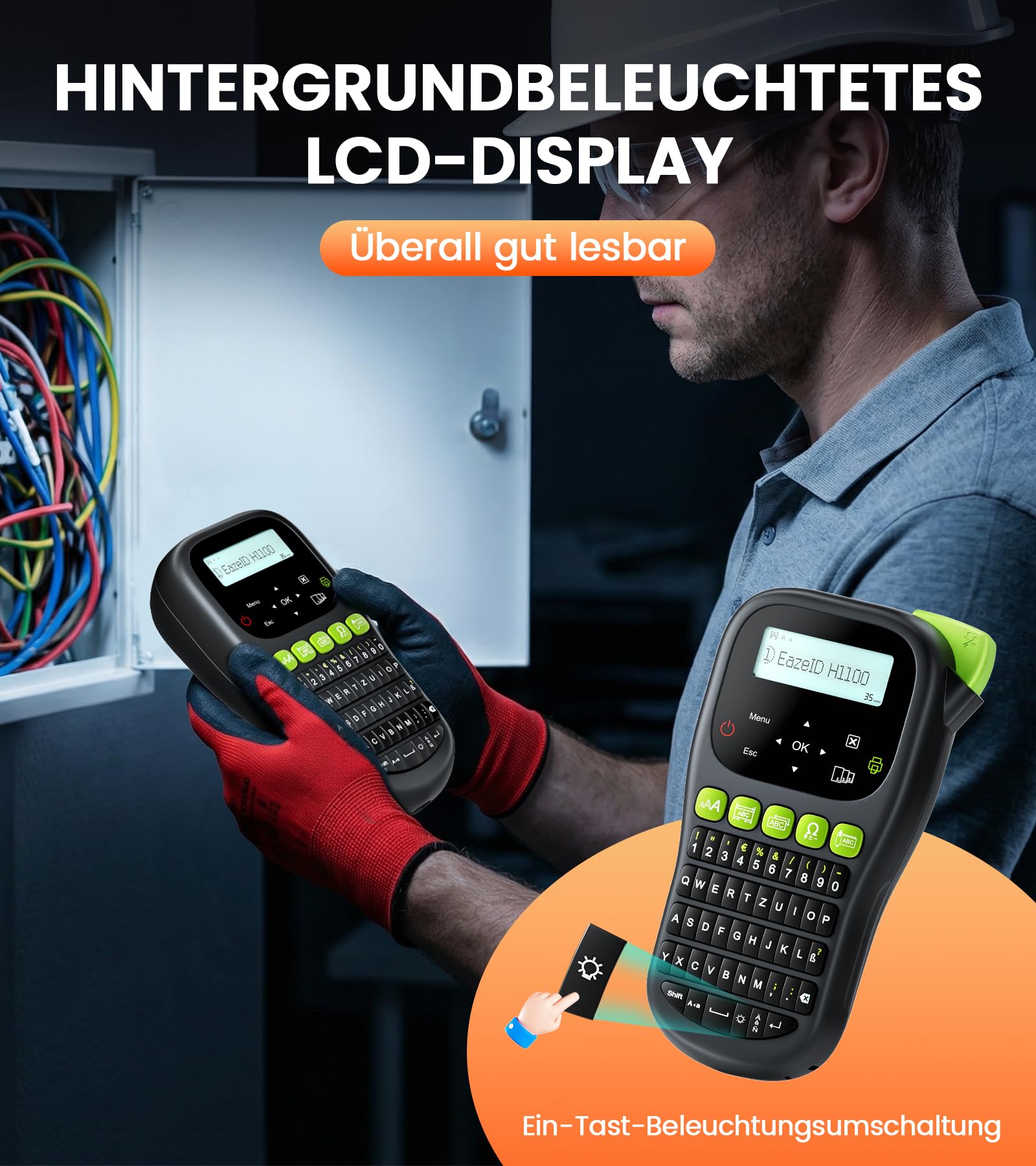Beschriftungsgerät with 5PK Weiß Etikettenbänder, Handgerät Etikettiergerät mit QWERTZ Tastatur, LCD-Hintergrundbeleuchtung, 3 Kabelmodi, Laminierte Bänder, Tragbares Etikettendrucker für Kabel Büro