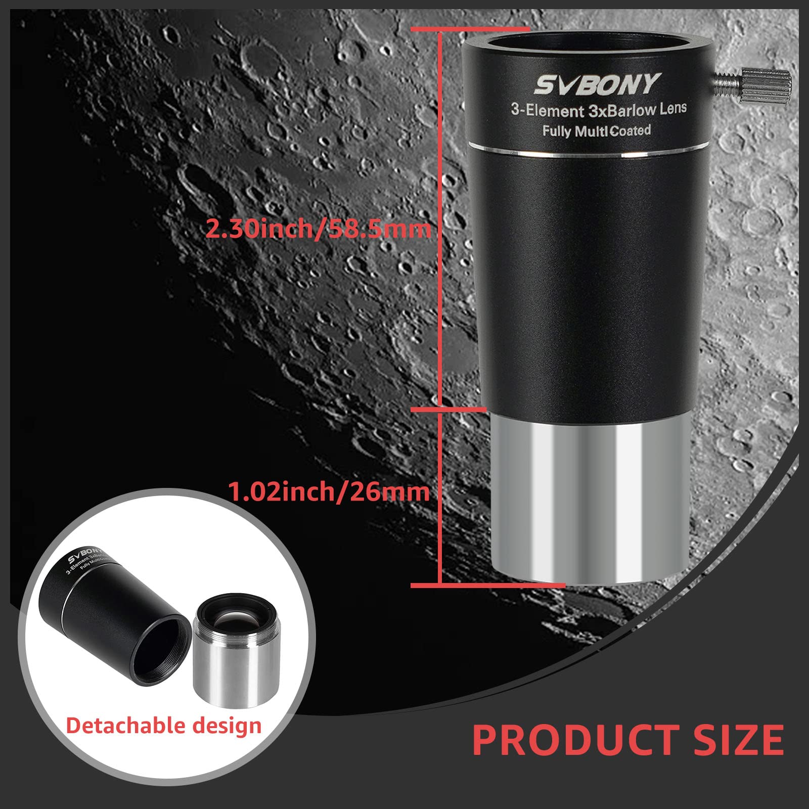 Svbony SV213 Barlowlinse 3X, 1,25 Zoll Barlow 3-Elemente FMC Metallteleskop Zubehör für Planetenfotografie und Beobachtung