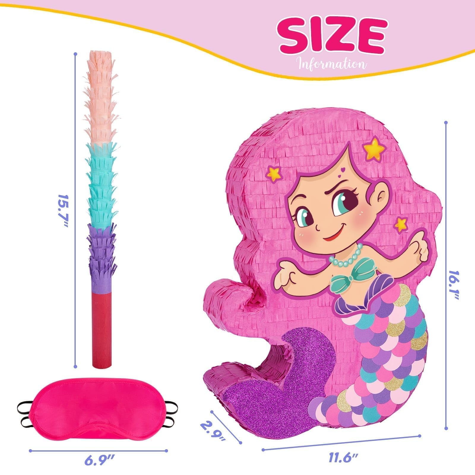 WERNNSAI Piñata Sirena - Piñata Sirena Cumpleaños Niñas Colorida Brillante Cola de Pescado Palo y Antifaz Decoración Fiestas Verano en el Océano Juegos Fiestas Cumpleaños (40 x 31 cm)