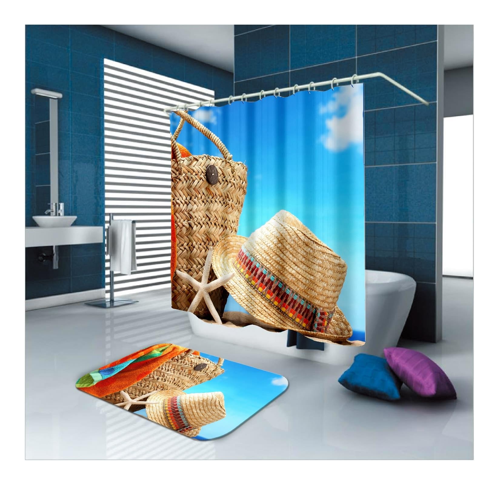 Rideau de salle de bain multicolore style plage pour douche et baignoire