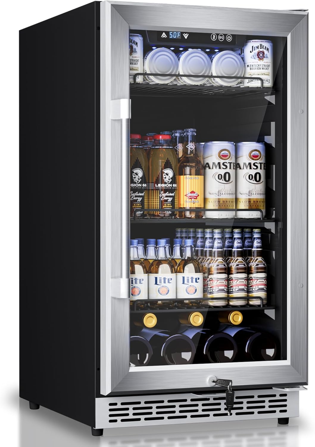 18 inch Glass Door Beverage Refrigerator – 160 Can Mini Fridge for Wine, Beer, Soda, Ideal for Home, Office, or Bar, Under Counter Built-In Design