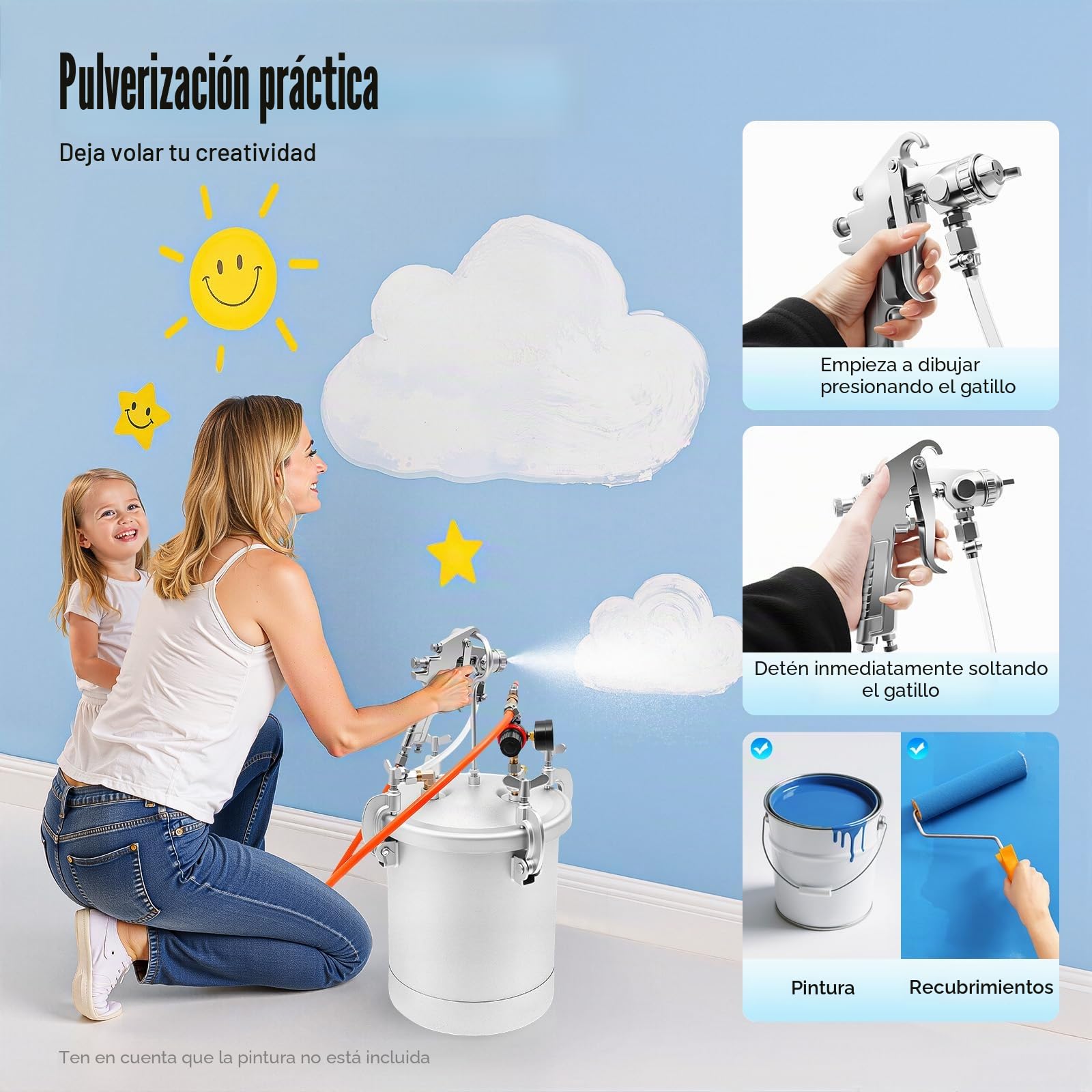 Pistola de pintura de 10 l, depósito a presión con pistola de pintura, depósito de pintura de aire con barómetro y boquilla de 3 mm, olla de presión para aplicar pintura al agua, barnices, manchas