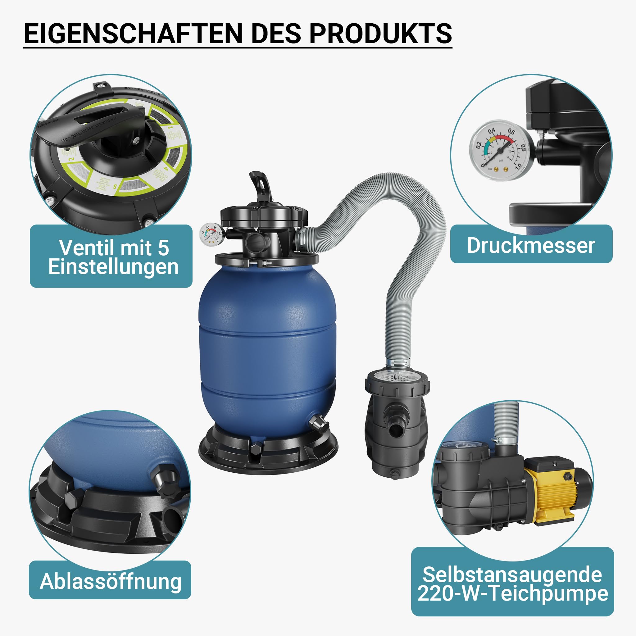 Wiltec Sandfilteranlage HZS-200 für Pools, Filteranlage, Poolfilter, Pumpe, Filterkessel mit Pumpe, Schwimmbadpumpe