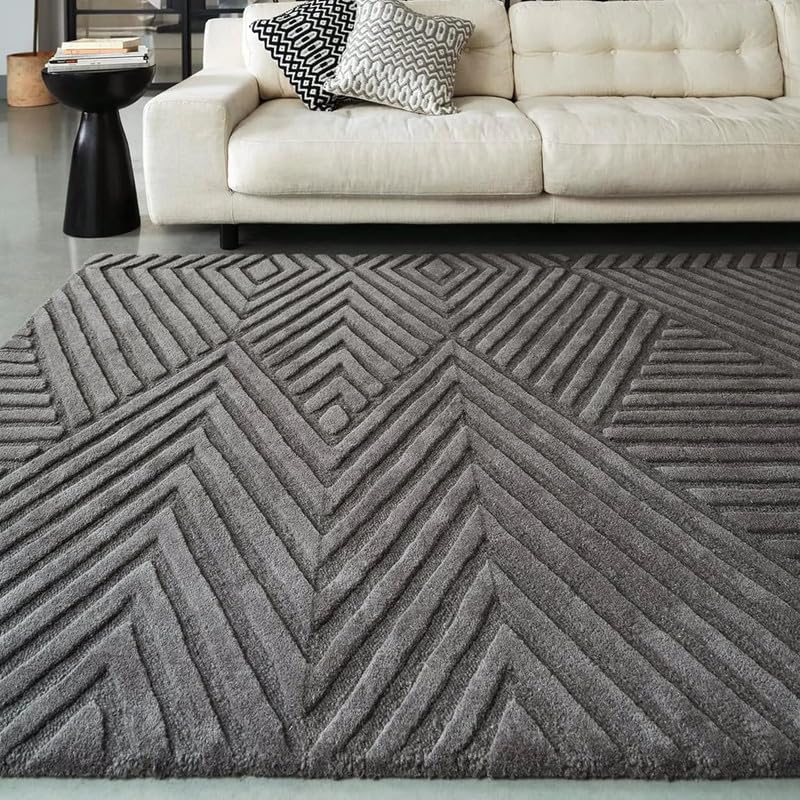 Image of Hand Tufted Modern Design Exported Collection High Low Pattern Wool Carpet for Living Room, Bedroom & Hall (Charcoal, 5 x 7 Feet)