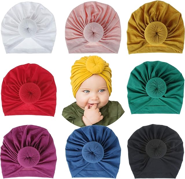 8 Pack Solid Green Blue Red Pink Gray Large Donut Ball Knot Bow Cotton Beanie Turban Hat Cap India Muslim Islamic Headwrap Winter Hospital Nursery for Newborn Baby Girl Infant Toddler Kids