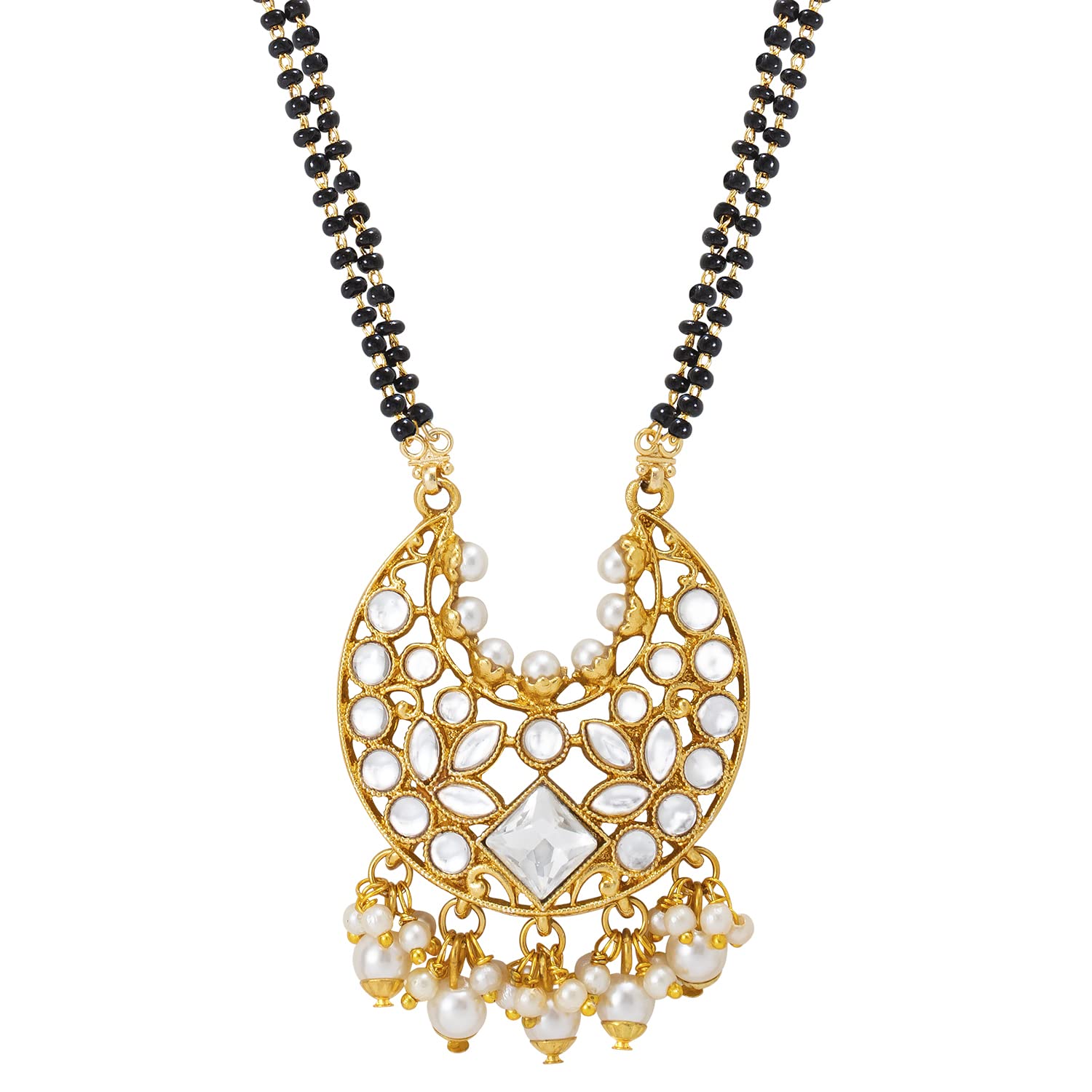 Peora Gold Plated White Crystal Dangling Pearl Pendant with Black Beaded Mangalsutra for Women (B09L53S5JR) Amazon Price History, Amazon Price Tracker