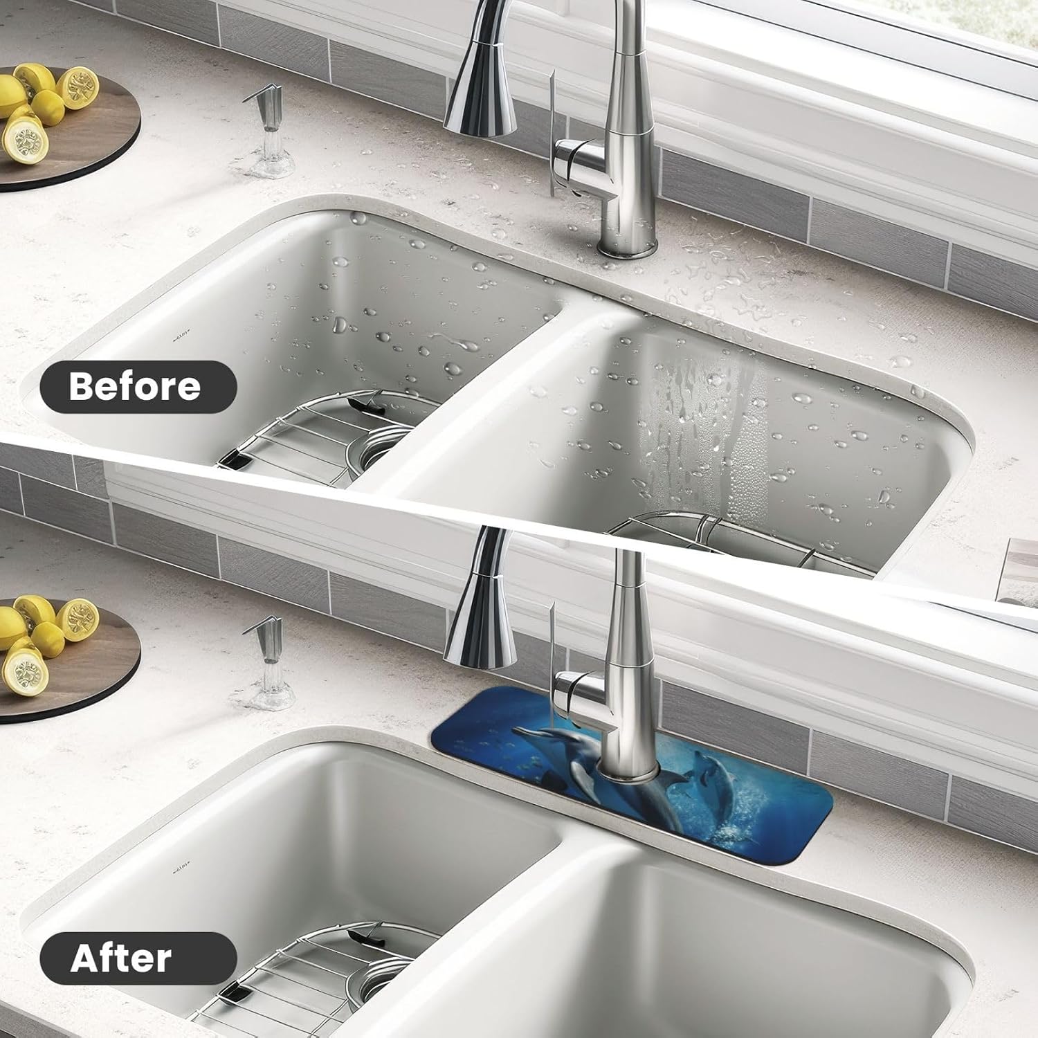Faucet Mat for Kitchen Sink, Super Absorbent Sink Splash Guard, Fast Drying Mat Cute Dolphins Sink Gadgets Splash Guard Behind Faucet Drip Catcher for Bathroom, 15"x 5.5" image 4