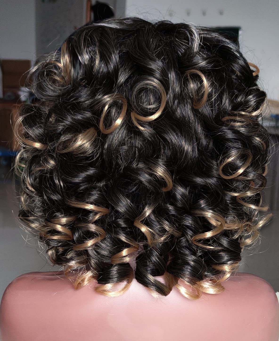 ELIM Short Curly Afro Wigs for Black Women Black Mixed Gold Kinky Curly Wig with Bangs Natural Looking Hair Replacement Synthetic Wigs Z014BG