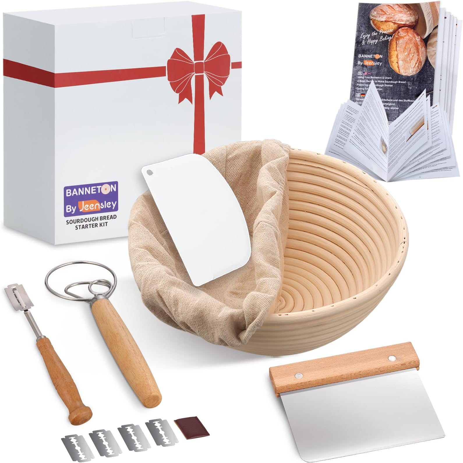 Boxed Sourdough Starter Kit Round Bread Proofing Basket Banneton with Liner and Bread Making Tools Handmade from Quality Natural Indonesian Rattan Bread Baking Accessories