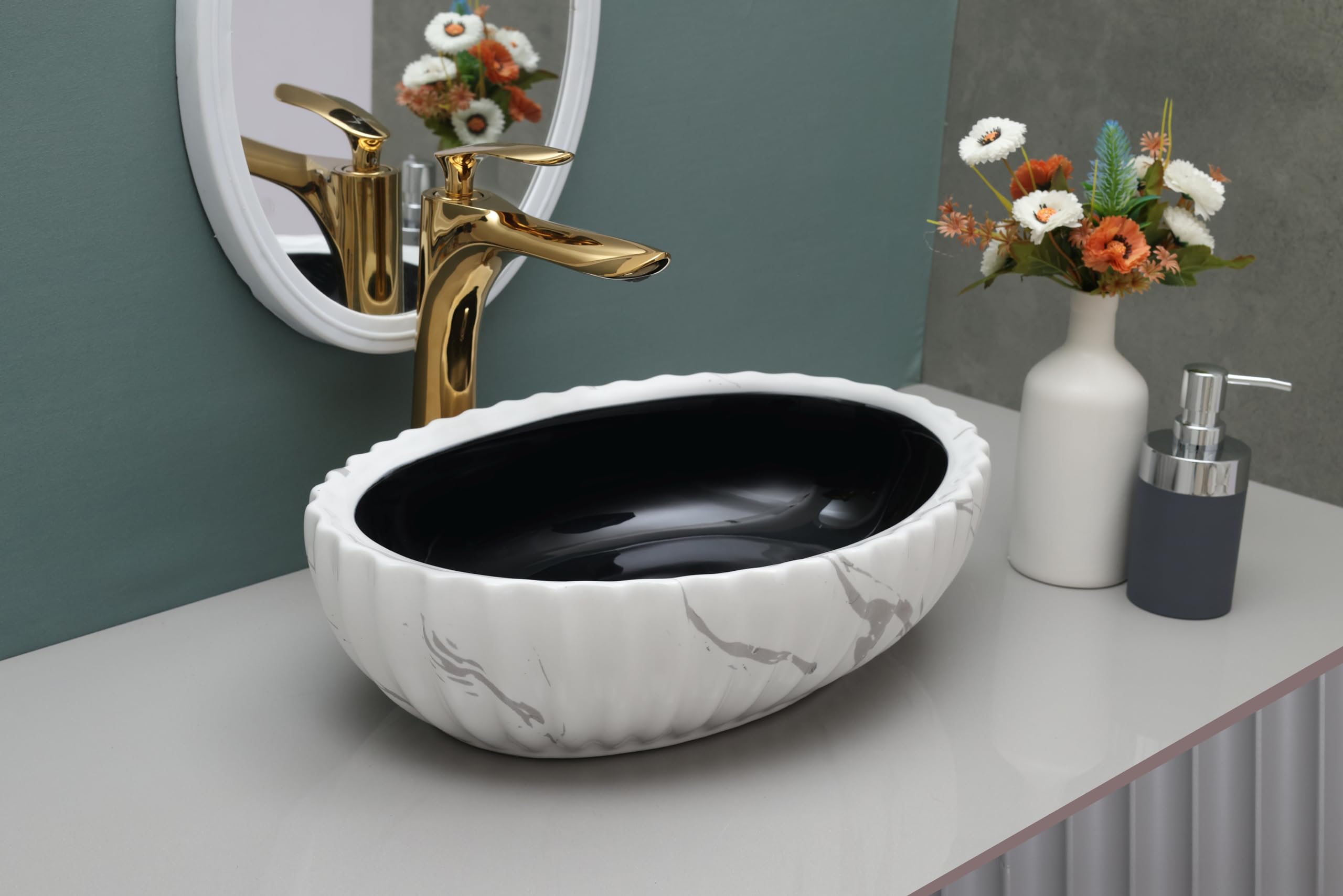Hisre Ceramic Tabletop Washbasin(18 x 13 x 5.5 Inch) (Black & White) 2