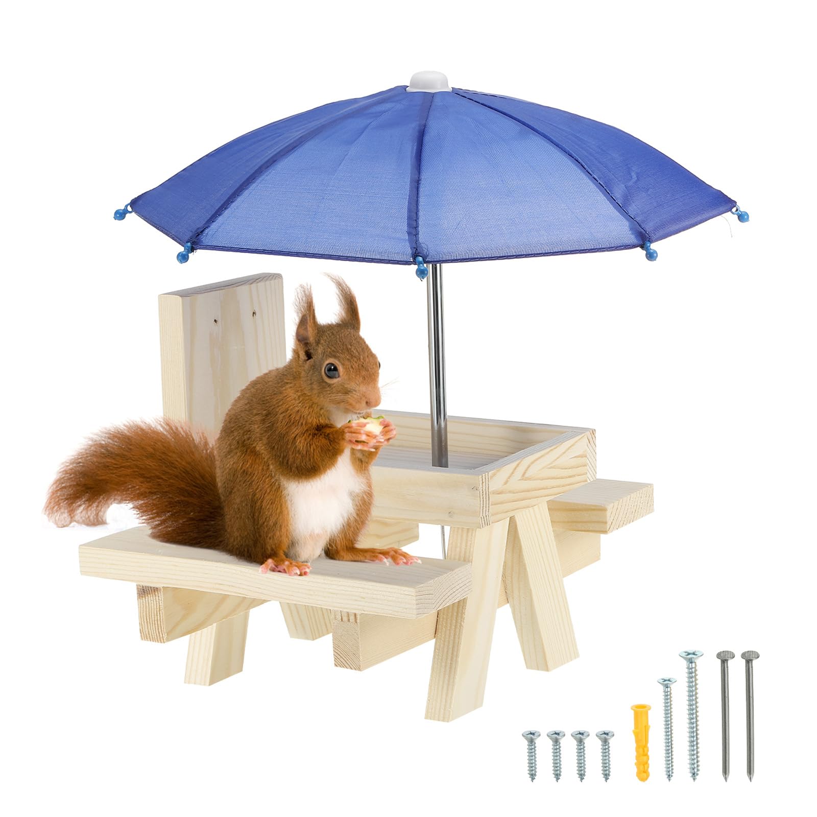 Mangeoire écureuil extérieur bois PATIKIL table pique-nique parasol bleu décoration jardin