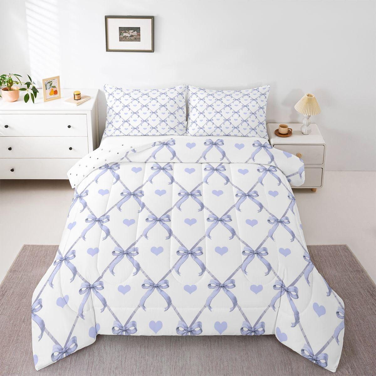 Erosebridal Blue Bowknot Comforter Set Twin Size Valentine's Day Heart Bedding Set for Kids Boys Girls Kawaii Love Heart Pattern Comforter Coquette Bow Tie Quilt Bedroom Decor