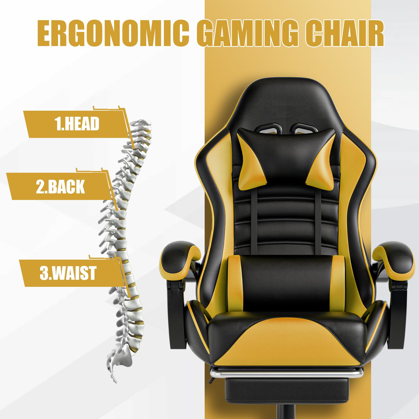 Silla de Juego con reposapiés,Silla y Mesa de Juego Ajustable en Altura,Silla de Juego para Adultos con Soporte Lumbar,Silla de Ordenador de Cuero sintético (Amarillo)
