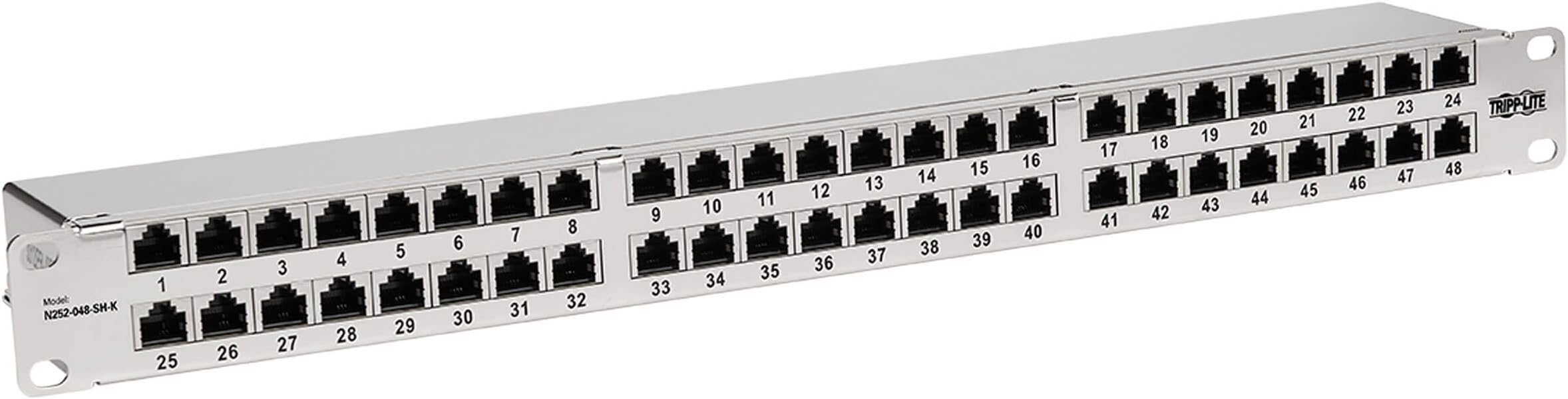 Tripp Lite RJ45 Patch Panel, Cat5e/Cat6 Patch Panel, 48 Port Patch Panel, Shielded, Krone IDC, 1U Rack Mount, 568A/B, TAA Compliant (N252-048-SH-K)