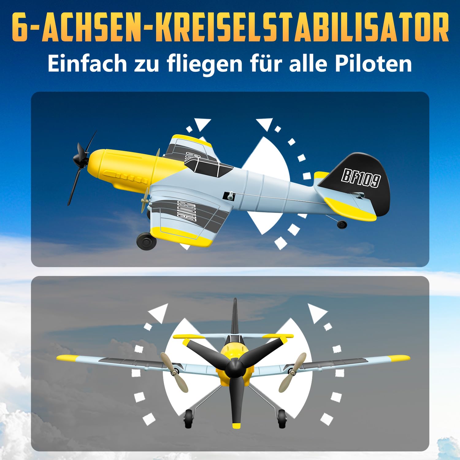 HAWK'S WORK 3-Kanal-RC-Flugzeug BF-109, Ferngesteuertes Flugzeug, flugbereit, 2.4GHz 6-Achsen Gyro Stabilisator, Einfach zu fliegen für Kinder und Anfänger