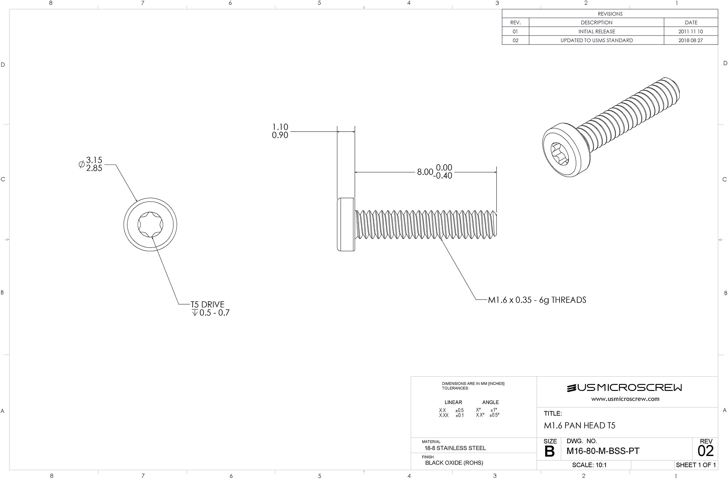 M1.6-0.35 X 8mm Machine Screw Black Stainless Steel Pan Head 6-Lobe Drive (100 Pcs) - M16-80-M-BSS-PT
