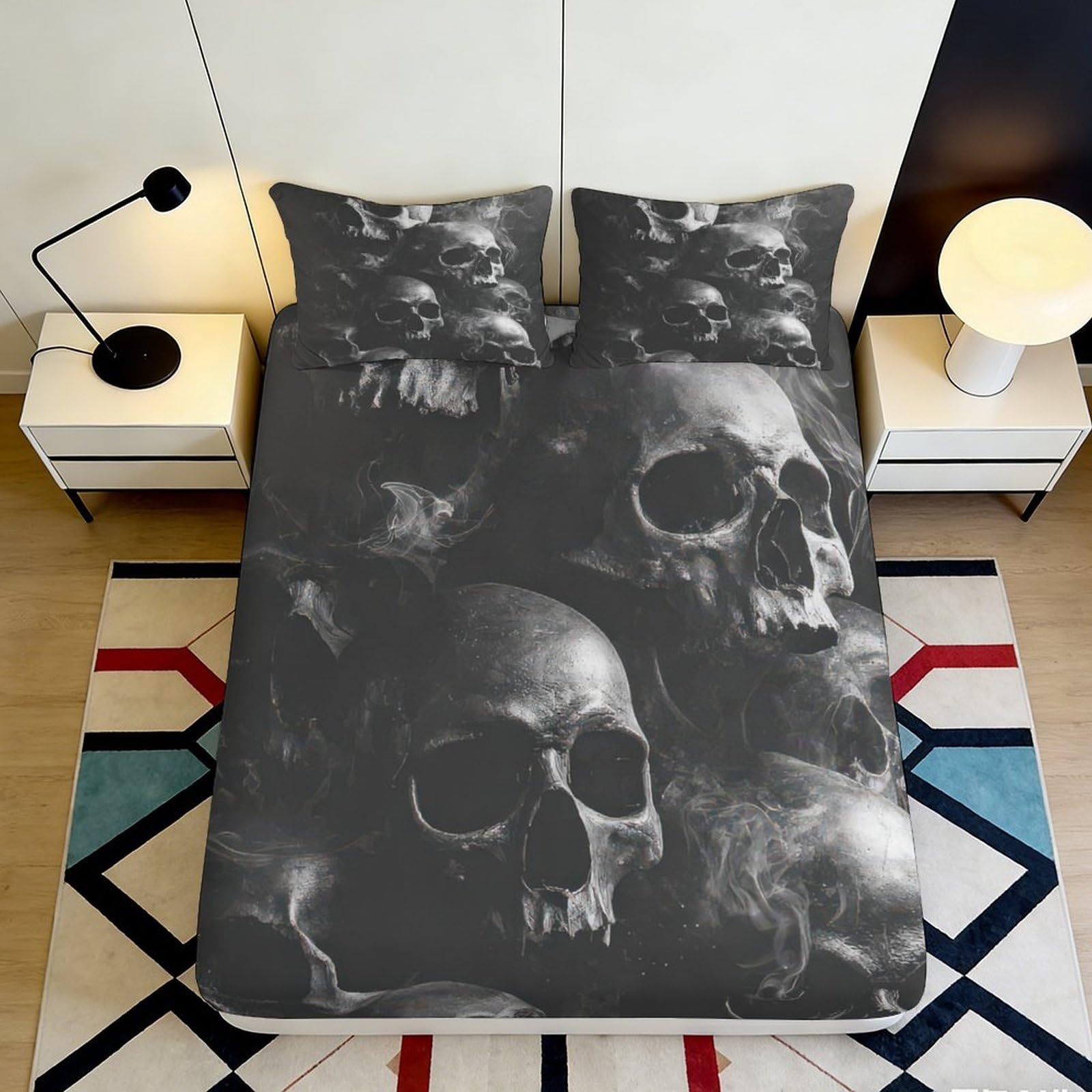 Uxinyoume Style-3 3D Printed Skull Smoke Fitted Sheet Microfiber Black Gothic Bed Cover For Bedroom Dorm Decoration Mattress Protection 90X200x25cm