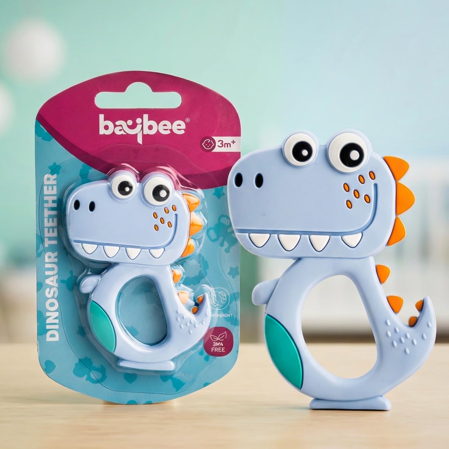 Baybee Silicone Baby Teether for Teething Gums, Manhattan Teething Rattle Toy with Loops Ring, 100% Food Grade Silicone & BPA Free Teether Toy for Babies, Chew Teether for 6 to 12 Months (Dinosaur Violet)-picture-12