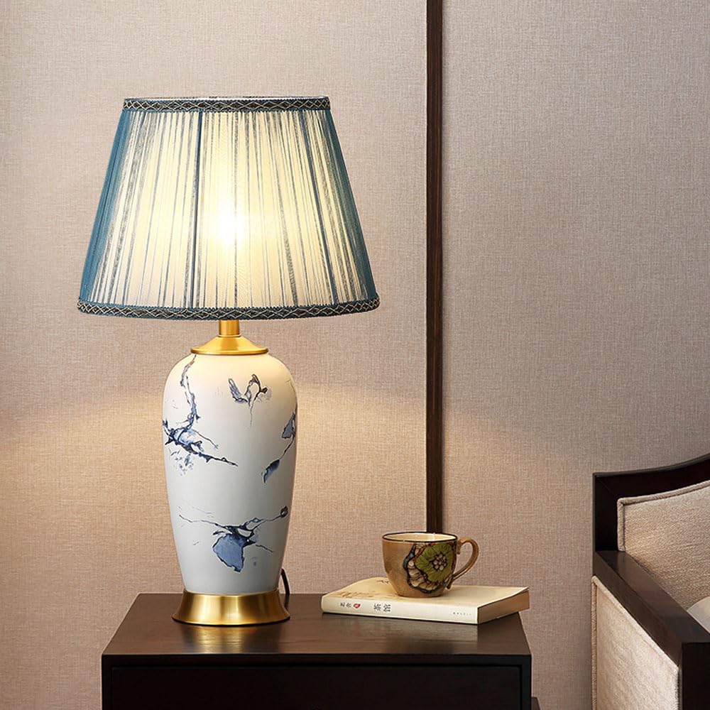 SGKOMN Modern Farmhouse Ceramic Nightstand Lamp, 21.6In/25.6In Tall, With Painted Glazed Lamp Body And Lake Blue Fabric Shade, E27 Socket, Bulb Excluded-38 * 65cm