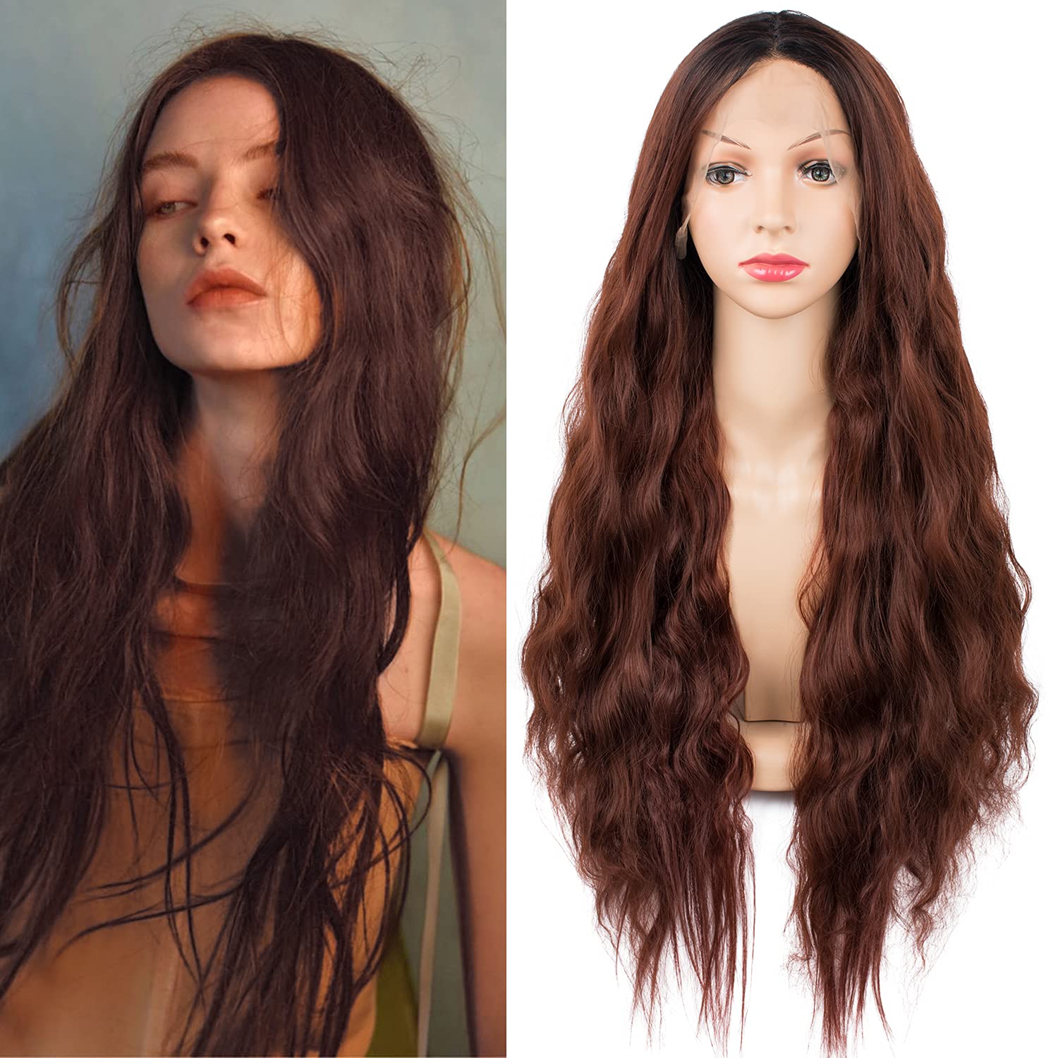 TOFAFAOmbre Brown Lace Front Wigs for Women 130% Density Long Wavy Synthetic Wig 28 inches Dark Root