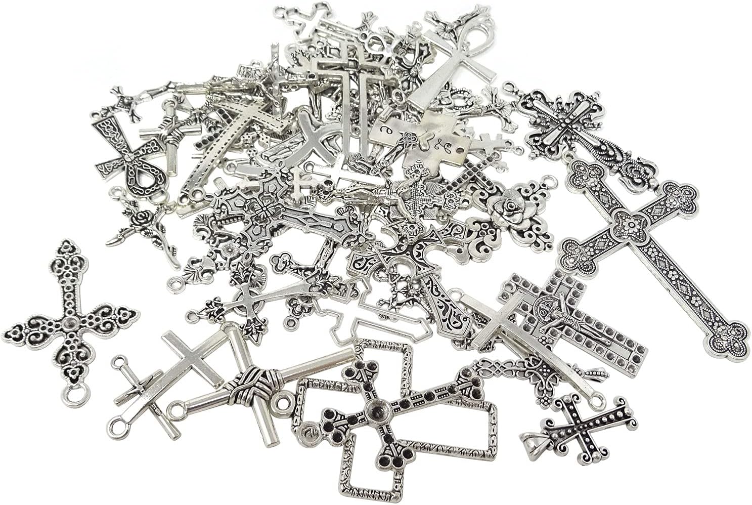 Honbay 70PCS Metal Mixed Cross Charms Pendant Antique Silver Plated Jesus Christ Cross Jewelry Findings for DIY Necklace Earring Bracelet Keychain Craft Making (70 Styles)