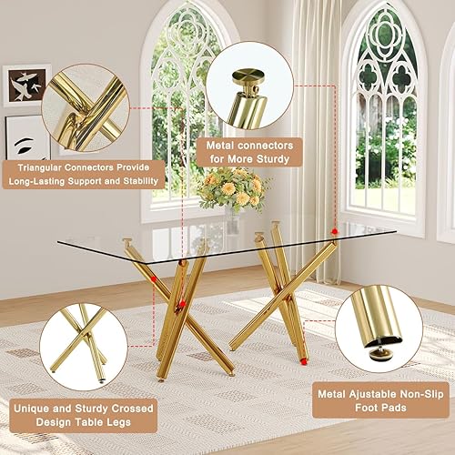 Miniatura 4 de Mesa de comedor de cristal de 71 pulgadas, mesa de comedor dorada para 6-8, mesa de cocina y comedor de gran tamaño con parte superior de vidrio
