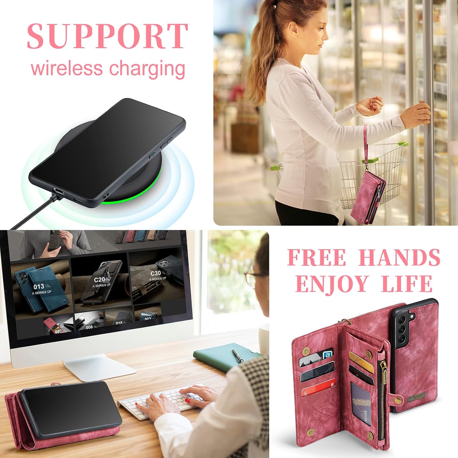 Wallet Case for Samsung Galaxy S21 FE with Card Holder Strap, Folio Leather Wallet, Removable Magnetic Shockproof Protective Back Cover, Zipper Wallet Case for Samsung Galaxy S21 FE Red