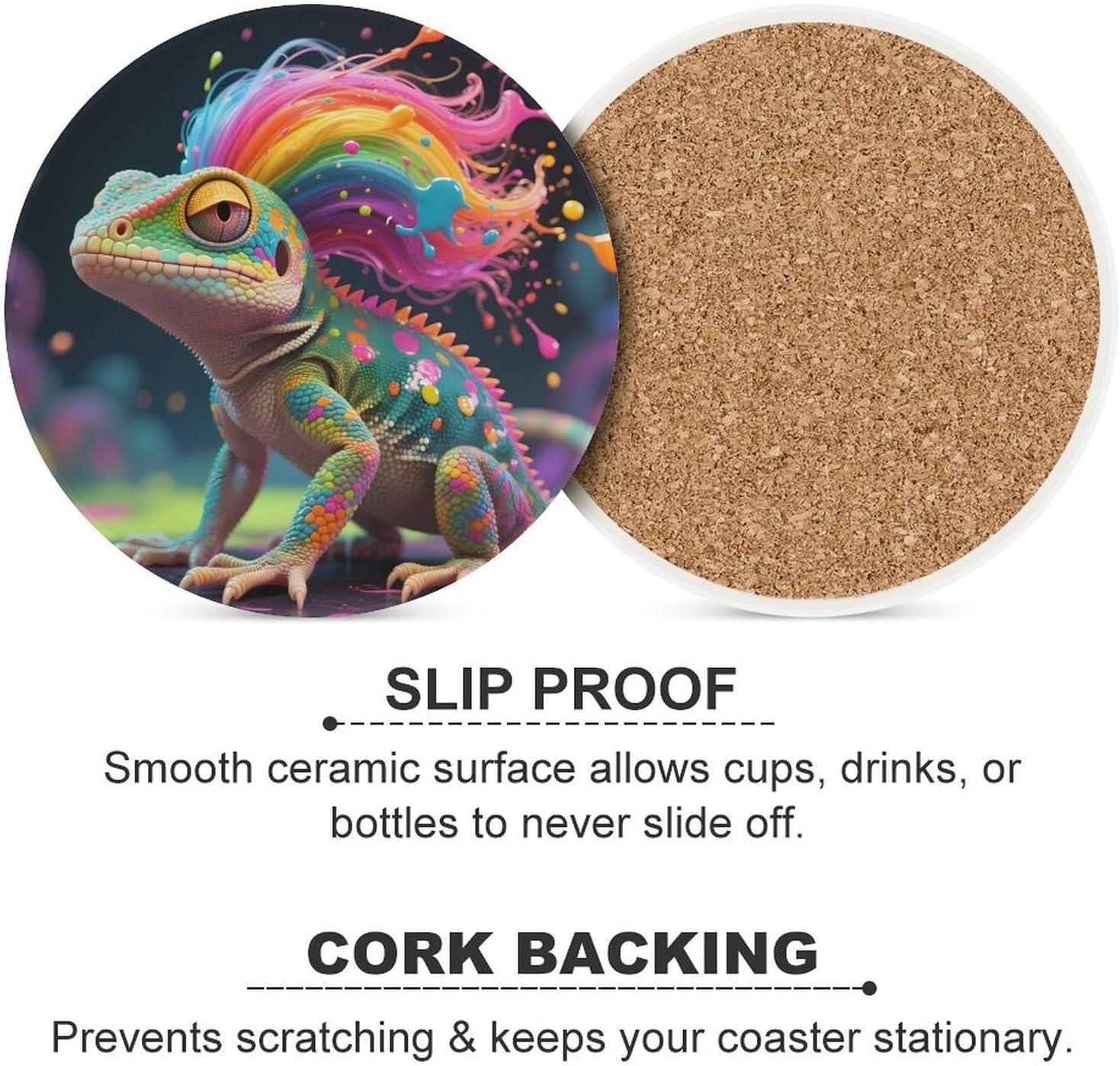 Colorful Gecko with Rainbow Hair Funny Round Ceramic Coasters for Drink Absorbent Cup Holders Tabletop Protection