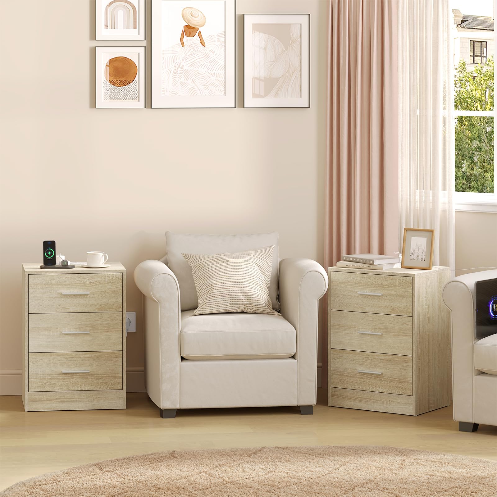WOLTU Set di 2 Comodini, Comodini con Stazione di Ricarica, con 3 Cassetti, Rovere Chiaro, per Soggiorno Camera da Letto Studio, 39x28.5x54.5cm